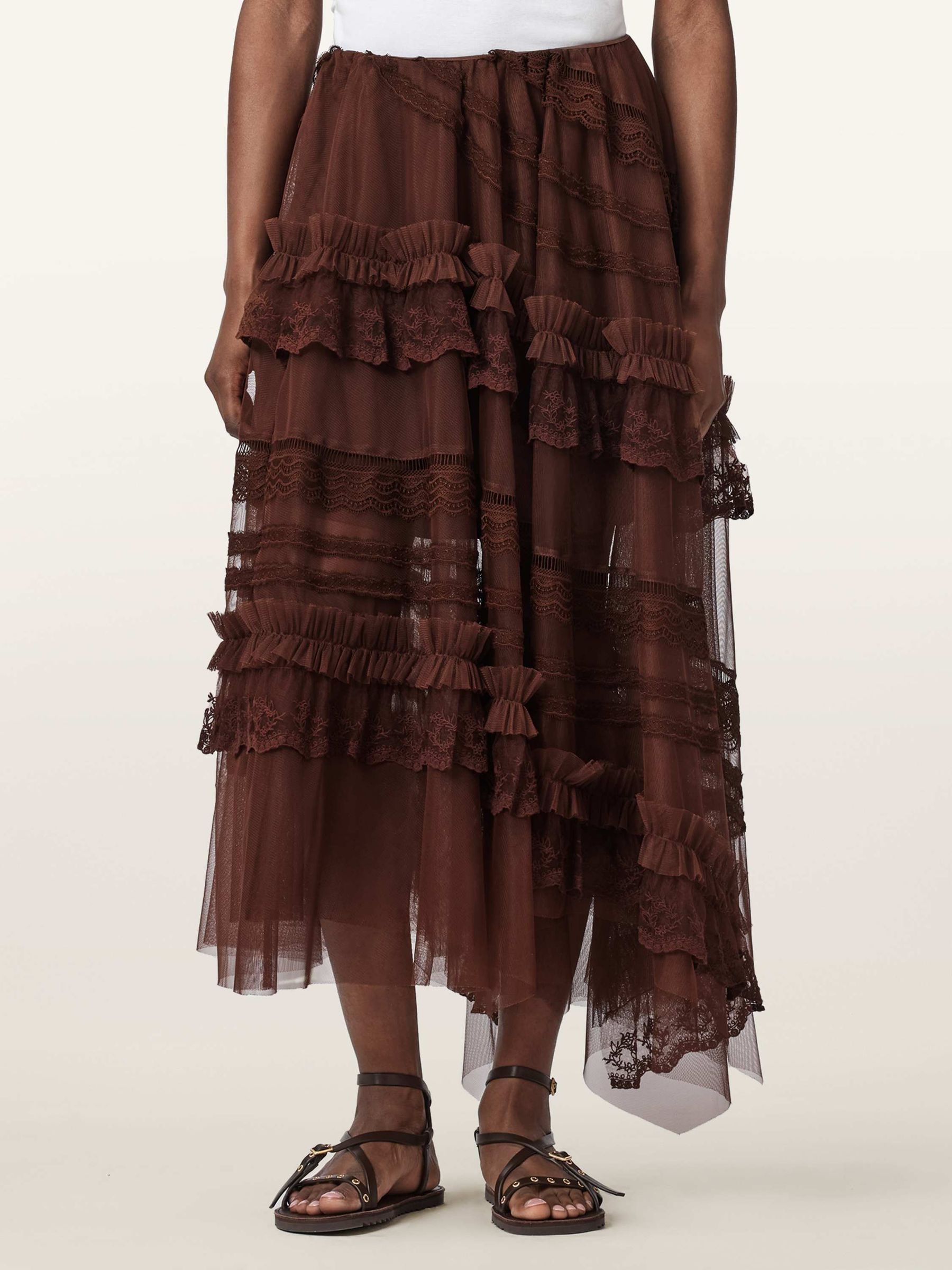 Allsaints Women's Brown Jen Tiered Lace Textile Midi Skirt - Size 16 - Image 3