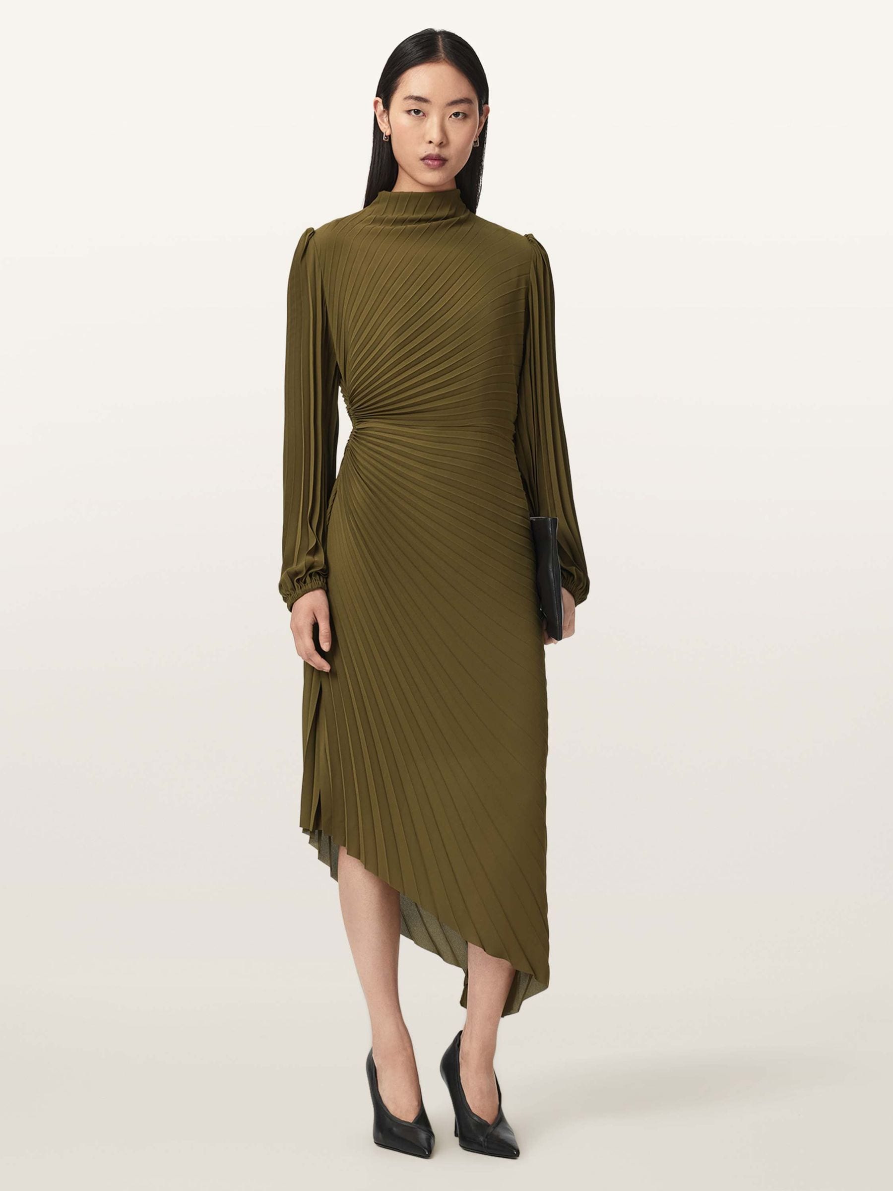 all saints dress green AllSaints Women's Milena Asymmetric Pleated Midi Dress, Green, Size 4 v neck formal dress