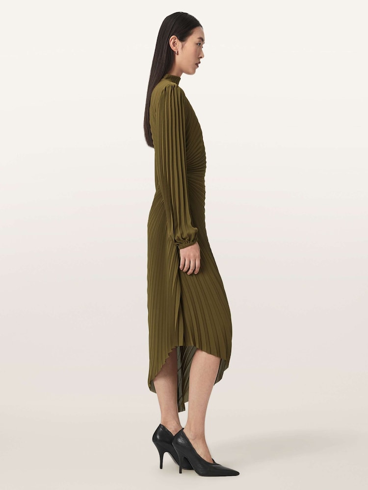 green all saints dress AllSaints Women's Milena Asymmetric Pleated Midi Dress, Green, Size 4 Maxi dress