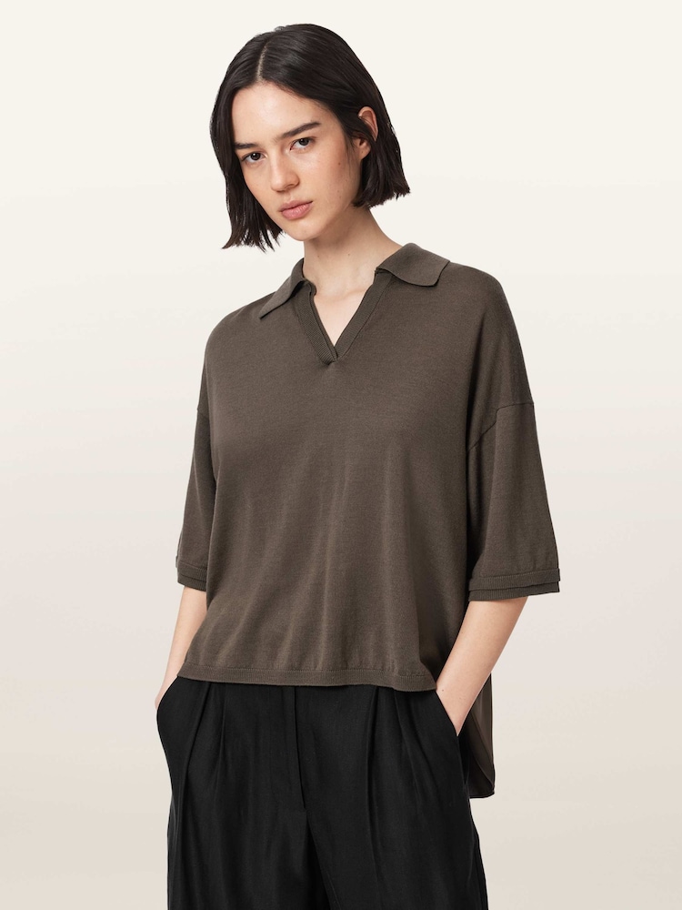 AllSaints Green Bern Polo Shirt - Image 1 of 6 AllSaints Green Bern Polo Shirt - Image 1 of 6
