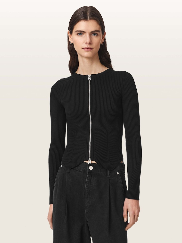 AllSaints Black Cruz Zip Cardigan - Image 2 of 7 AllSaints Black Cruz Zip Cardigan - Image 2 of 7