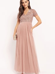 Maya Pink V Neck Short Sleeve Sequin Maxi Dress - Image 1 of 4
