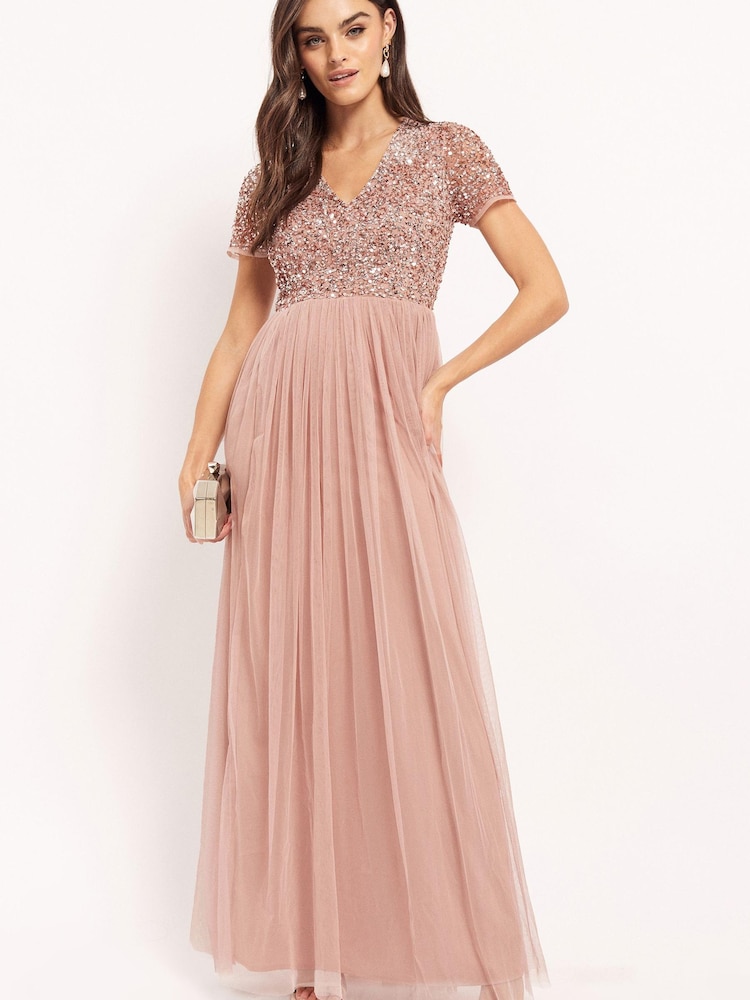 Maya Pink V Neck Short Sleeve Sequin Maxi Dress - Image 1 of 4