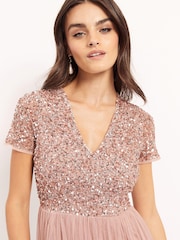 Maya Pink V Neck Short Sleeve Sequin Maxi Dress - Image 2 of 4