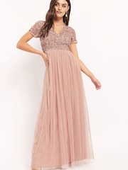 Maya Pink V Neck Short Sleeve Sequin Maxi Dress - Image 4 of 4