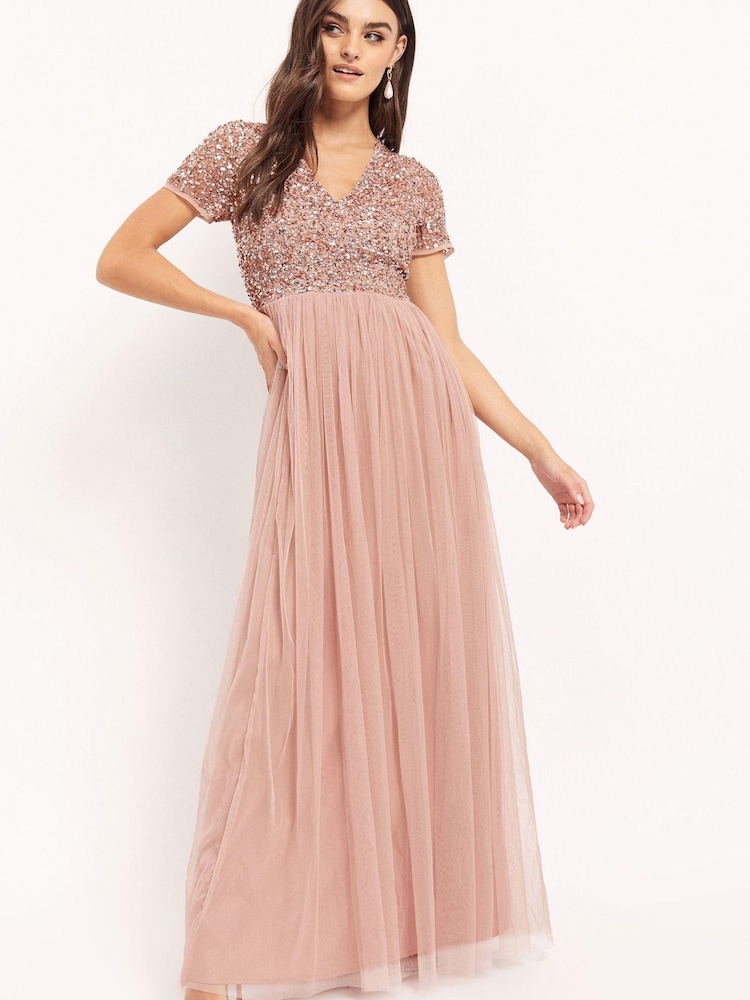 Maya Pink V Neck Short Sleeve Sequin Maxi Dress - Image 4 of 4