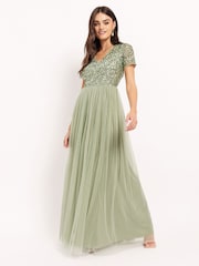 Maya Green V Neck Short Sleeve Sequin Maxi Dress - Image 1 of 4