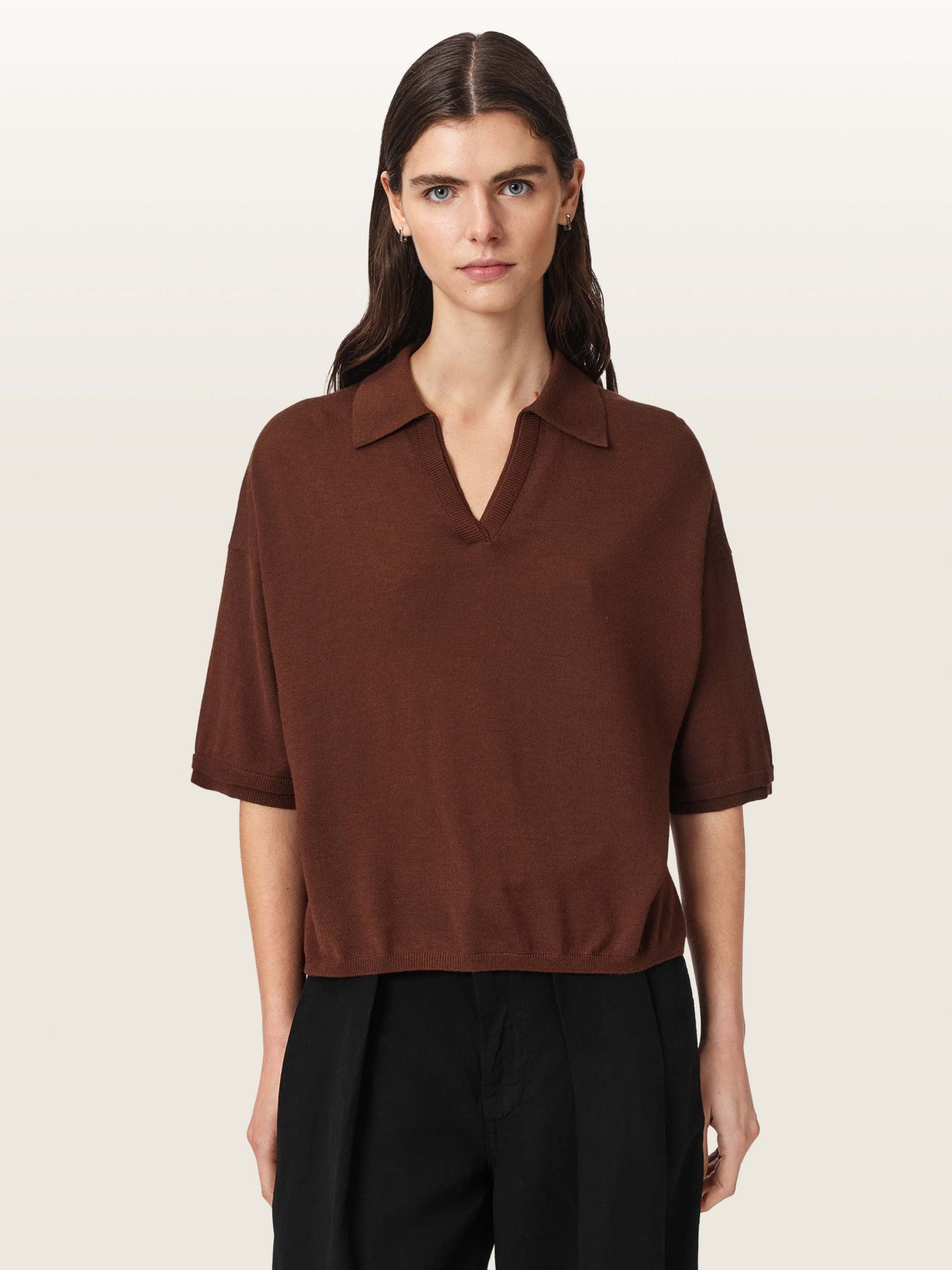 AllSaints Bern Short Sleeve Woven Wool Polo, Brown, Size L, Women - Image 3