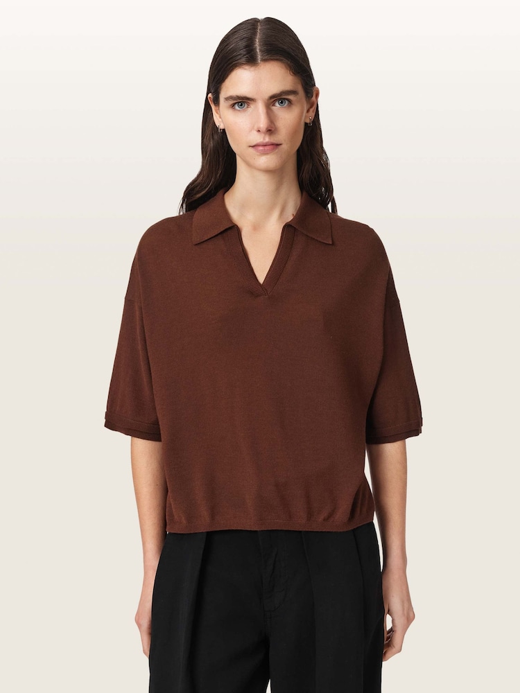 AllSaints Brown Bern Polo Shirt - Image 1 of 7 AllSaints Brown Bern Polo Shirt - Image 1 of 7