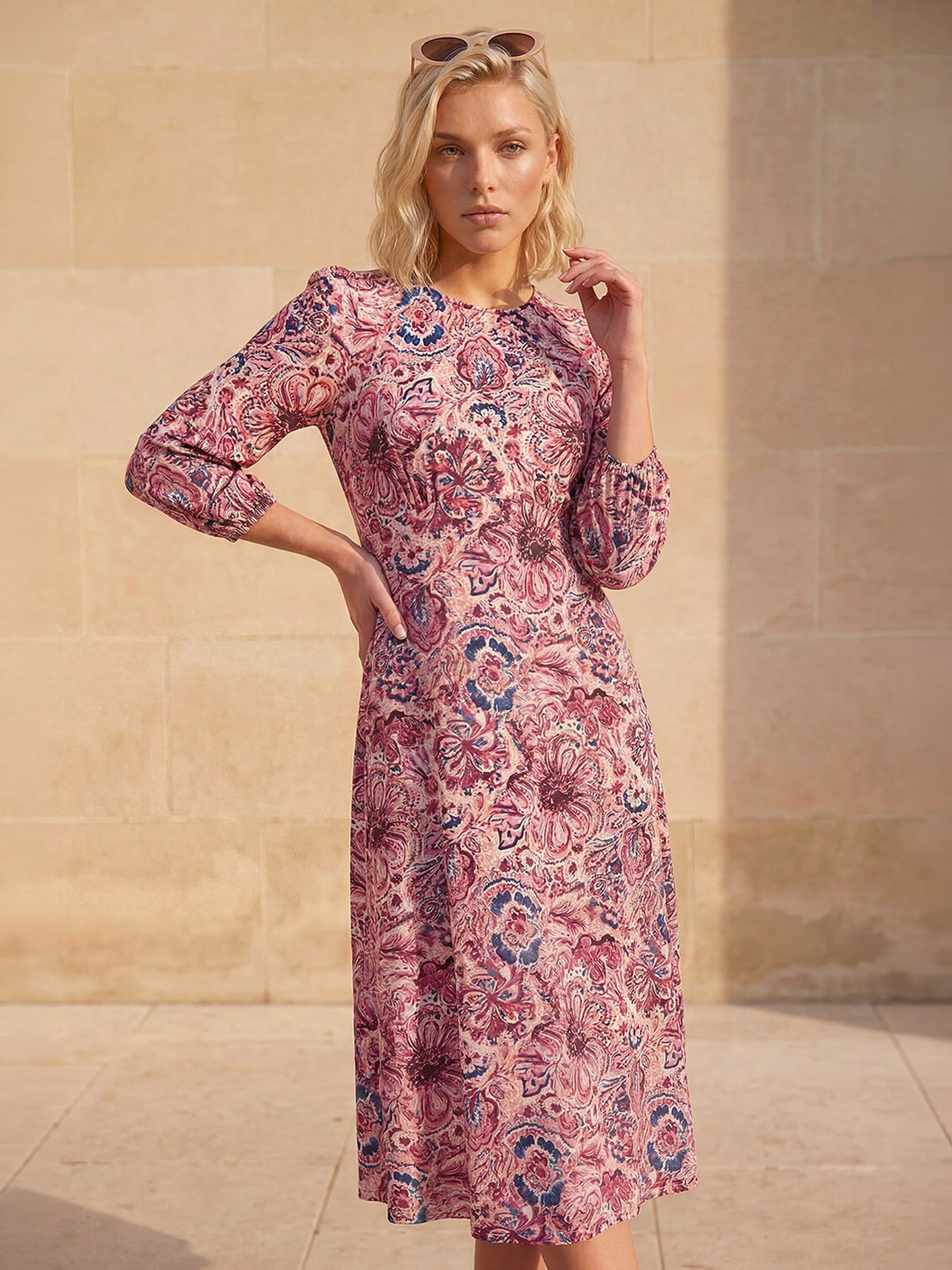 Roman Women's Pink Petite Abstract Print Midi Dress