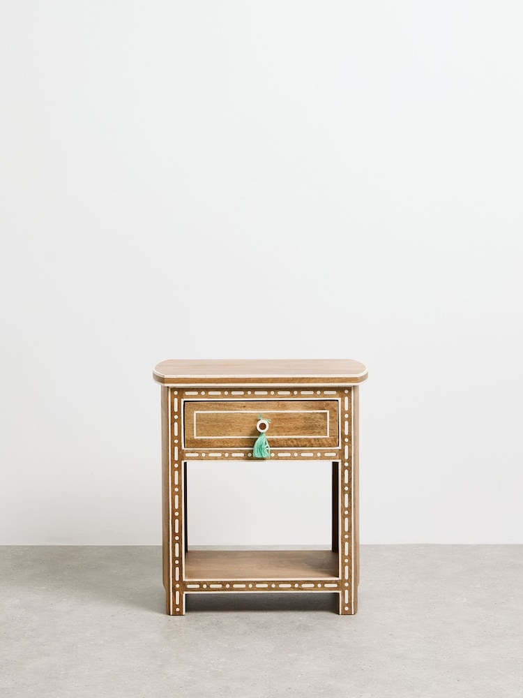Oliver Bonas Natural Riya Mango Wood Inlay Bedside Table - Image 1 of 6 Oliver Bonas Natural Riya Mango Wood Inlay Bedside Table - Image 1 of 6