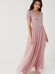 Maya Pink Petite V Neck Short Sleeve Sequin Maxi Dress - Image 1 of 4