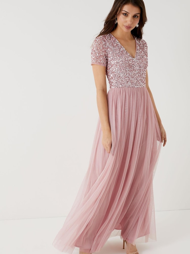 Maya Pink Petite V Neck Short Sleeve Sequin Maxi Dress - Image 1 of 4