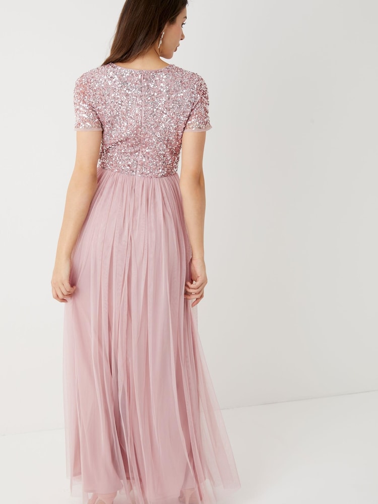 Maya Pink Petite V Neck Short Sleeve Sequin Maxi Dress - Image 2 of 4
