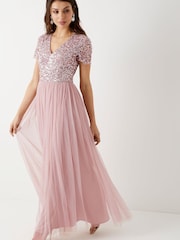 Maya Pink Petite V Neck Short Sleeve Sequin Maxi Dress - Image 3 of 4