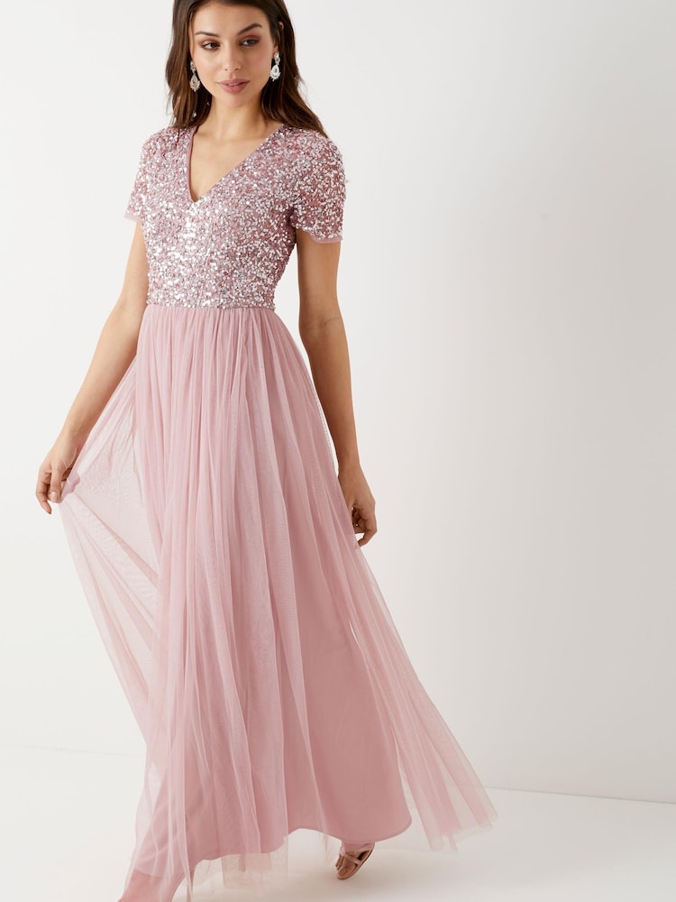 Rose - Robe longue Maya à sequins, manches courtes et encolure en V - Image 3 of 4
