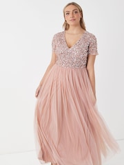 Maya Pink Curve V Neck Short Sleeve Sequin Maxi Dress - Image 1 of 5