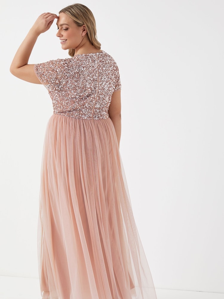 Maya Pink Curve V Neck Short Sleeve Sequin Maxi Dress - Image 2 of 5