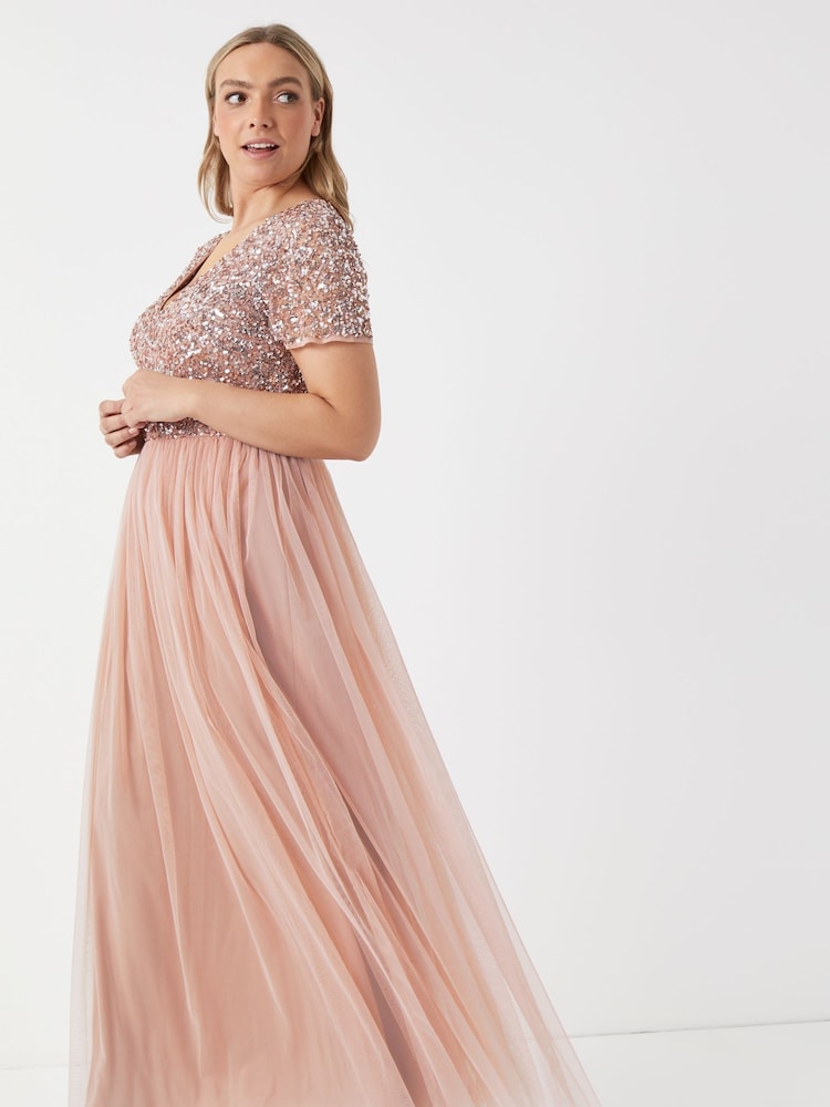 Rose - Robe longue Maya à sequins, manches courtes et encolure en V - Image 4 of 5