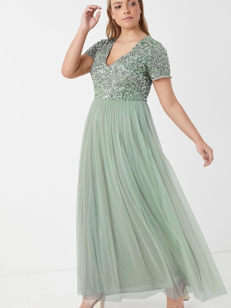 Maya Sage Green Curve V Neck Short Sleeve Sequin Maxi Dress - Image 1 of 5