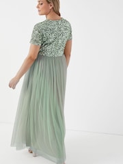 Maya Sage Green Curve V Neck Short Sleeve Sequin Maxi Dress - Image 2 of 5