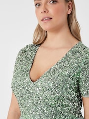 Maya Sage Green Curve V Neck Short Sleeve Sequin Maxi Dress - Image 3 of 5