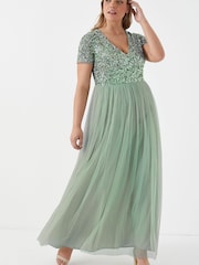 Maya Sage Green Curve V Neck Short Sleeve Sequin Maxi Dress - Image 4 of 5