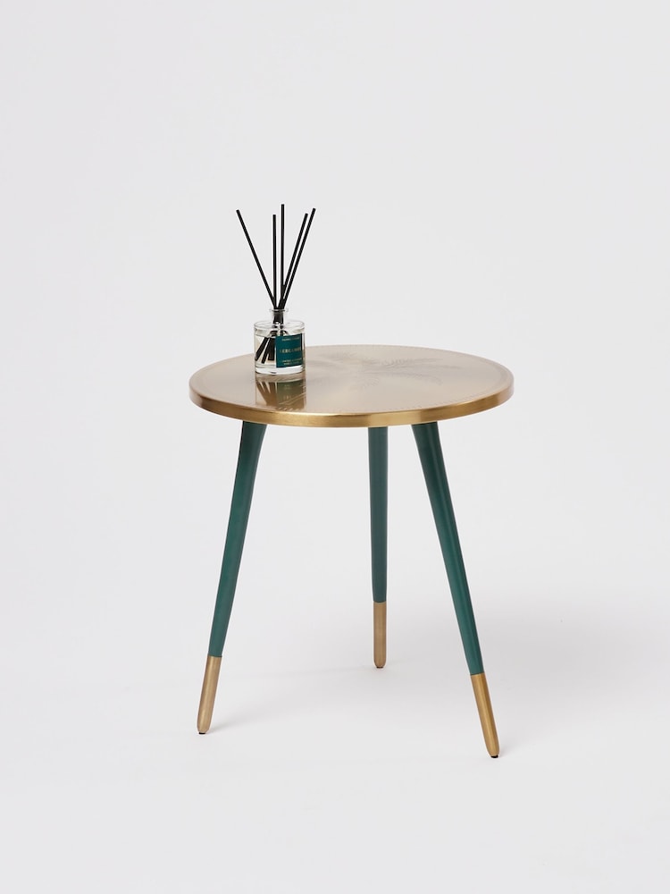 Oliver Bonas Gold and Green Palm Etched Metal Round Side Table - Image 1 of 4