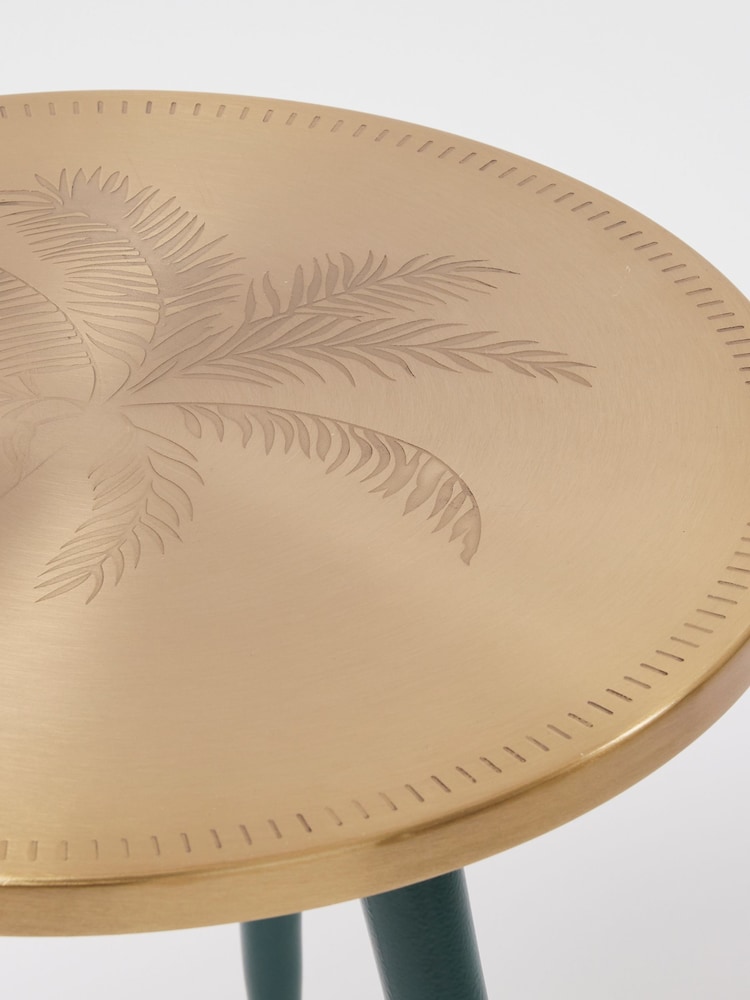 Oliver Bonas Gold and Green Palm Etched Metal Round Side Table - Image 2 of 4