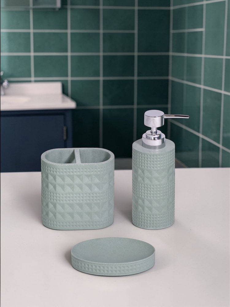 Showerdrape Sage Green Maison Shimmer 3 Piece Bathroom Accessory Set - Image 1 of 6 Showerdrape Sage Green Maison Shimmer 3 Piece Bathroom Accessory Set - Image 1 of 6