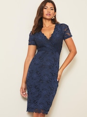Lipsy Blue Short Sleeve V Neck Lace Bodycon Dress - Image 1 of 4