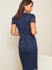 Lipsy Blue Short Sleeve V Neck Lace Bodycon Dress - Image 2 of 4