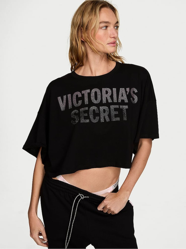 Victoria's Secret Black Logo Cotton Oversized Cropped Top - Image 2 of 3 Victoria's Secret Black Logo Cotton Oversized Cropped Top - Image 2 of 3
