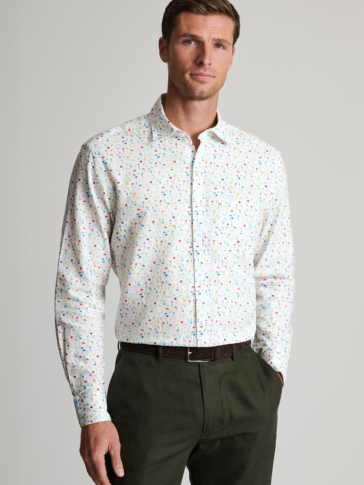 Brook Taverner White Ditsy Floral Watercolour Linen Cotton Shirt - Image 1 of 5 Brook Taverner White Ditsy Floral Watercolour Linen Cotton Shirt - Image 1 of 5