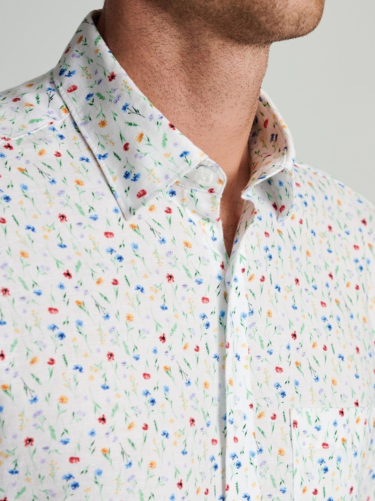 Brook Taverner White Ditsy Floral Watercolour Linen Cotton Shirt - Image 2 of 5 Brook Taverner White Ditsy Floral Watercolour Linen Cotton Shirt - Image 2 of 5