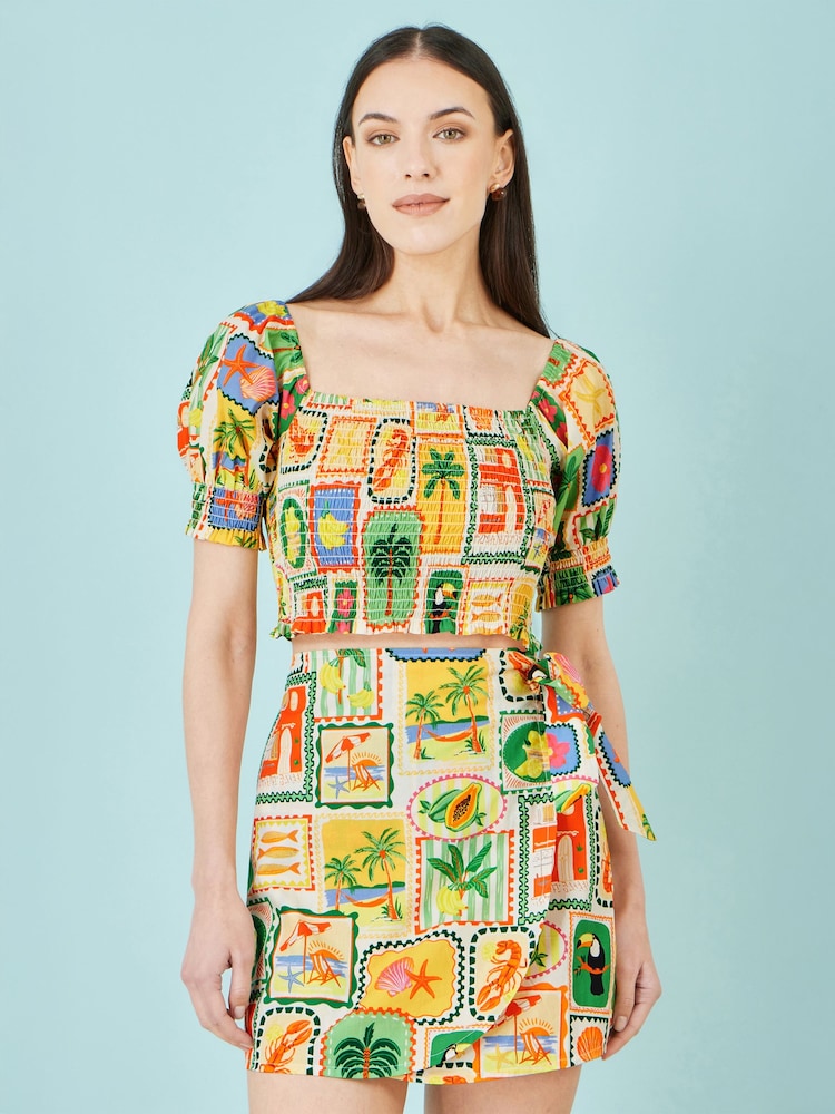 Yumi Yellow Cropped Shirred Cotton Postcard Print Top - Image 1 of 5 Yumi Yellow Cropped Shirred Cotton Postcard Print Top - Image 1 of 5