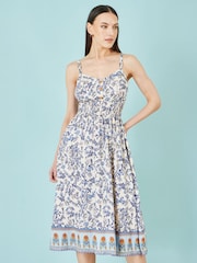 Yumi Cream Floral Border Print Viscose Midi Sun Dress - Image 1 of 5