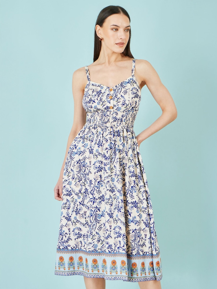 Yumi Cream Floral Border Print Viscose Midi Sun Dress - Image 1 of 5 Yumi Cream Floral Border Print Viscose Midi Sun Dress - Image 1 of 5