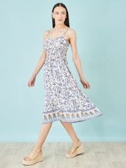 Yumi Cream Floral Border Print Viscose Midi Sun Dress - Image 2 of 5