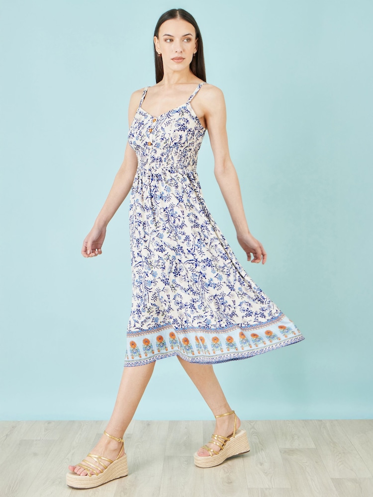Yumi Cream Floral Border Print Viscose Midi Sun Dress - Image 2 of 5 Yumi Cream Floral Border Print Viscose Midi Sun Dress - Image 2 of 5