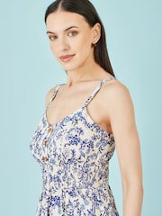Yumi Cream Floral Border Print Viscose Midi Sun Dress - Image 3 of 5