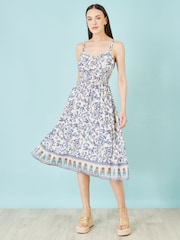 Yumi Cream Floral Border Print Viscose Midi Sun Dress - Image 5 of 5