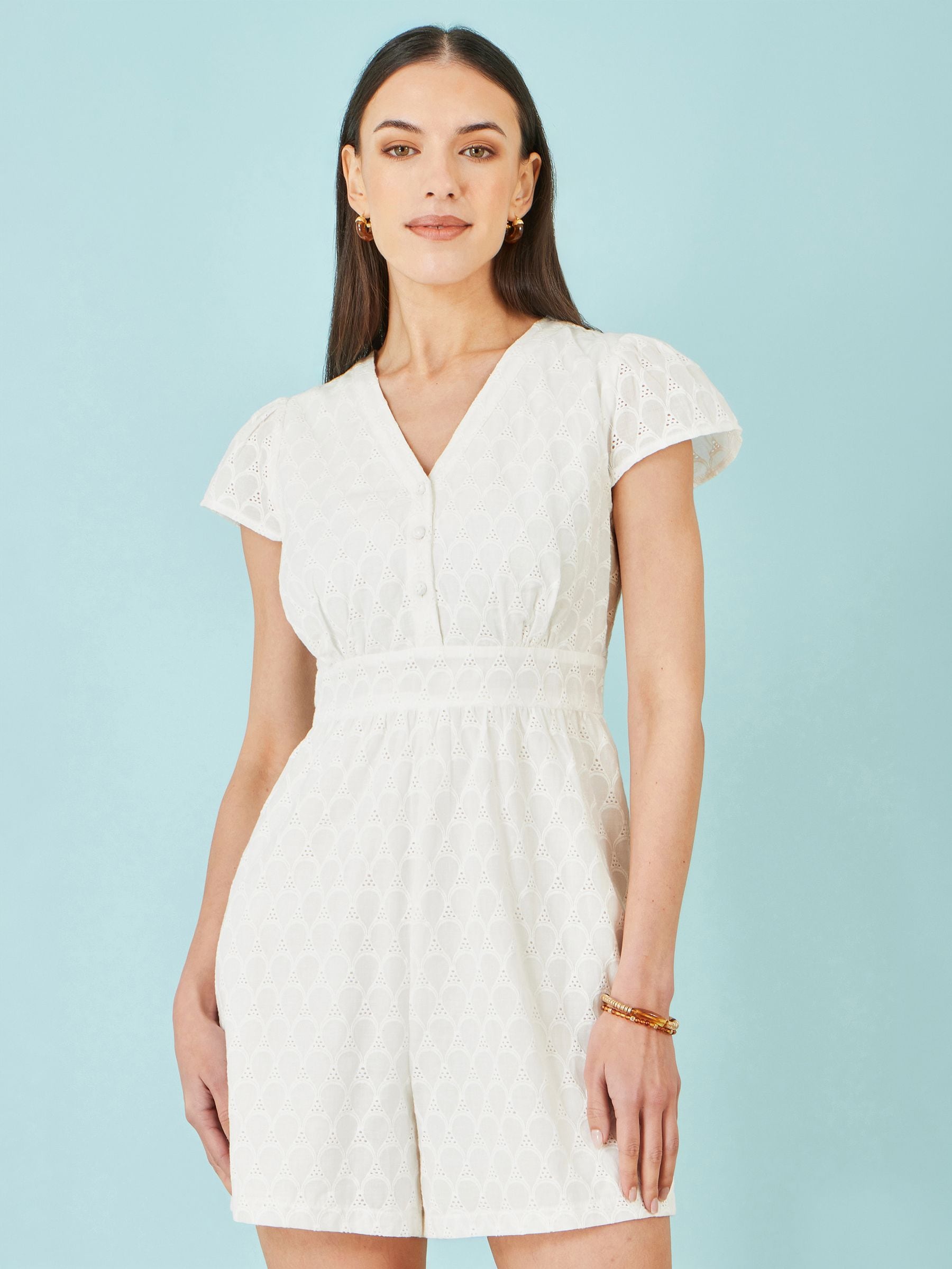 Yumi Women's Off White White Cotton Broderie Anglaise Playsuit In White | Size: 14 - Image 1