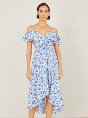 Yumi Blue Floral Print Bardot Midi Dress With Dip Hem - Image 1 of 4