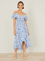 Yumi Blue Floral Print Bardot Midi Dress With Dip Hem - Image 2 of 4