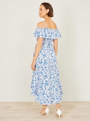 Yumi Blue Floral Print Bardot Midi Dress With Dip Hem - Image 3 of 4