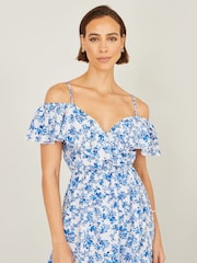 Yumi Blue Floral Print Bardot Midi Dress With Dip Hem - Image 4 of 4