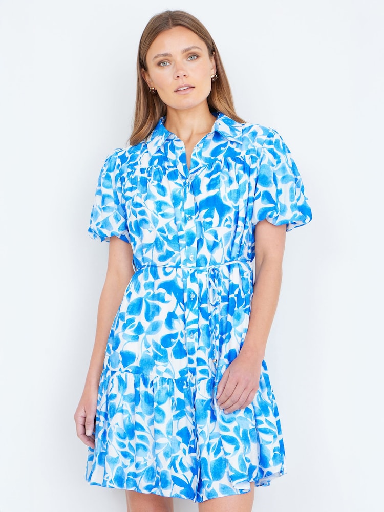 Yumi Blue Floral Print Viscose Relaxed Shirt Dress - Image 1 of 5 Yumi Blue Floral Print Viscose Relaxed Shirt Dress - Image 1 of 5