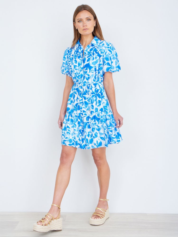 Yumi Blue Floral Print Viscose Relaxed Shirt Dress - Image 5 of 5 Yumi Blue Floral Print Viscose Relaxed Shirt Dress - Image 5 of 5