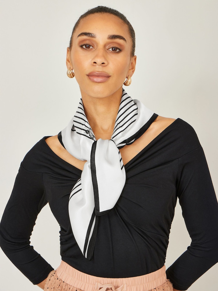 Yumi Cream Silk Butterfly Stripe Scarf - Image 1 of 3 Yumi Cream Silk Butterfly Stripe Scarf - Image 1 of 3